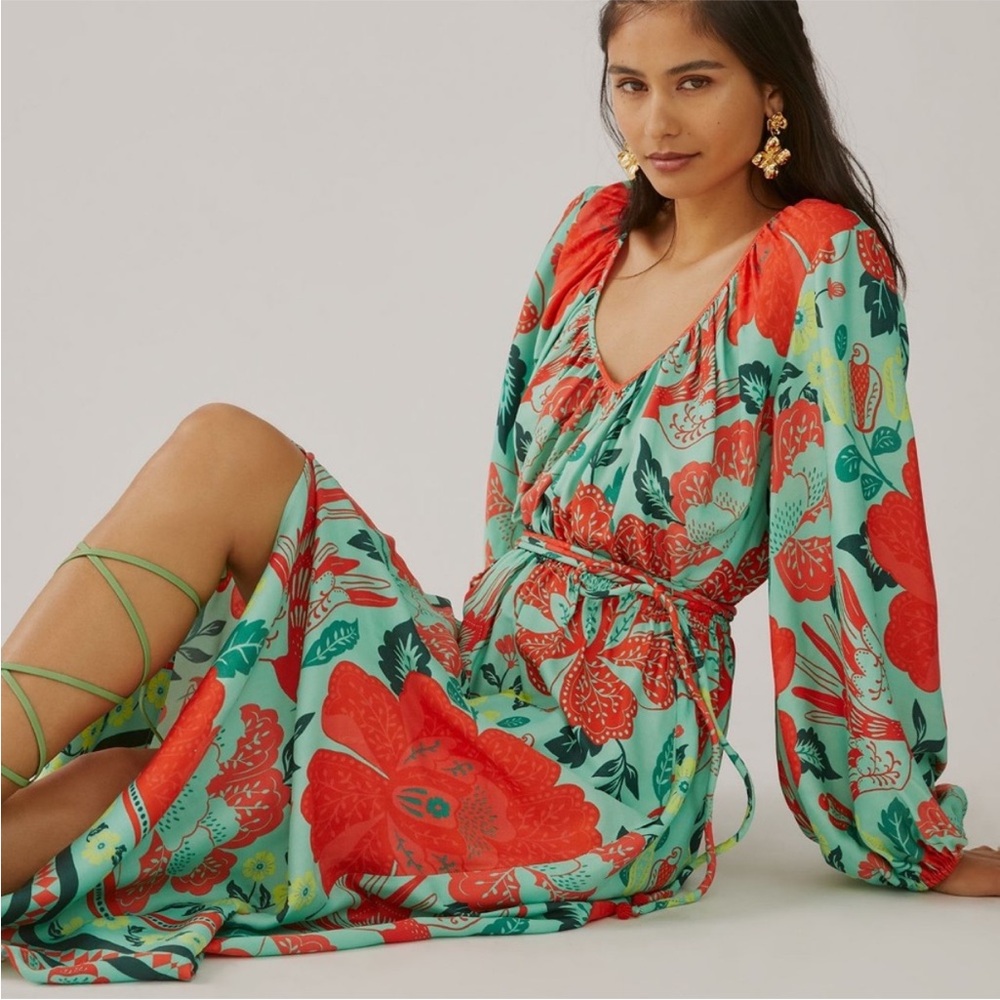 SOLD Farm Rio Anthropologie Poppy Print Maxi Dress pockets beaded tassel belt
